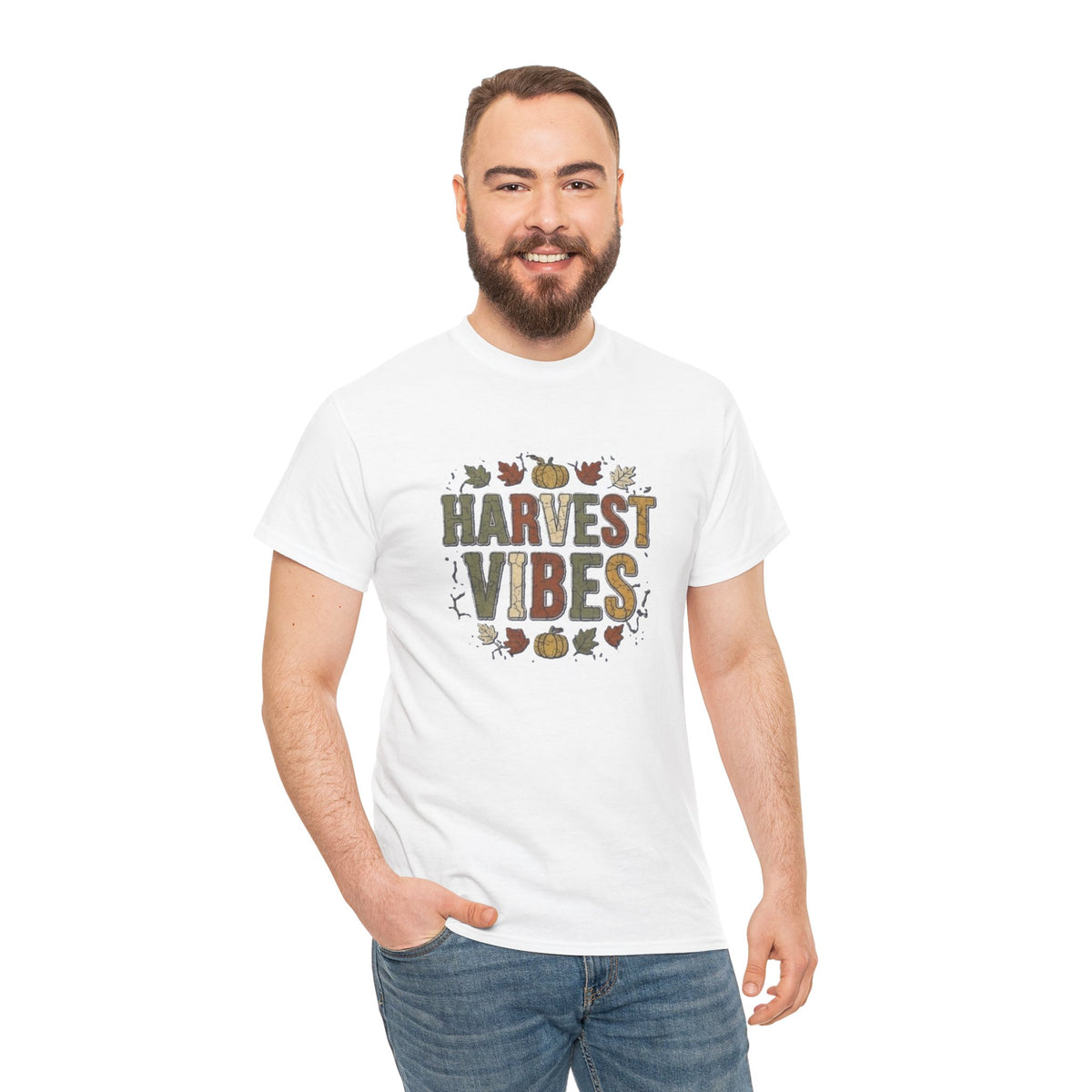 T-shirt "Harvest Vibes" | Haut à typographie automnale avec citrouilles et feuilles d'automne