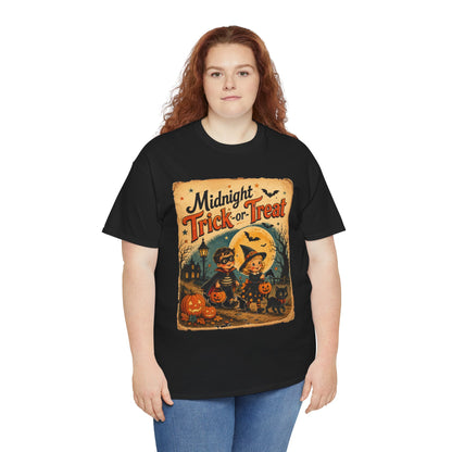 Camiseta de Halloween para niños "Midnight Trick-or-Treat" | Diseño vintage de gato y calabaza