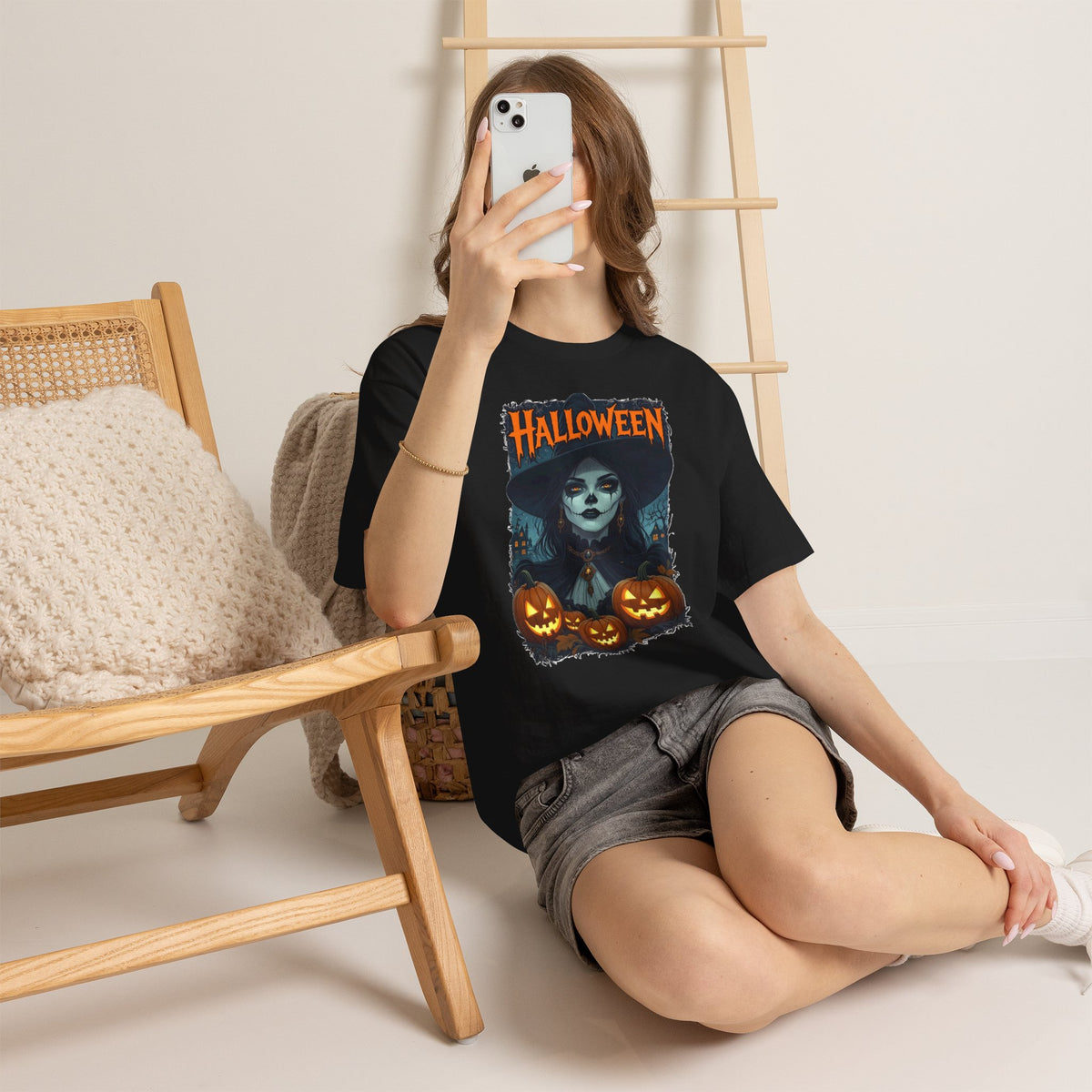Camiseta de bruja con calabazas de Halloween | Camiseta de arte de calavera de Halloween