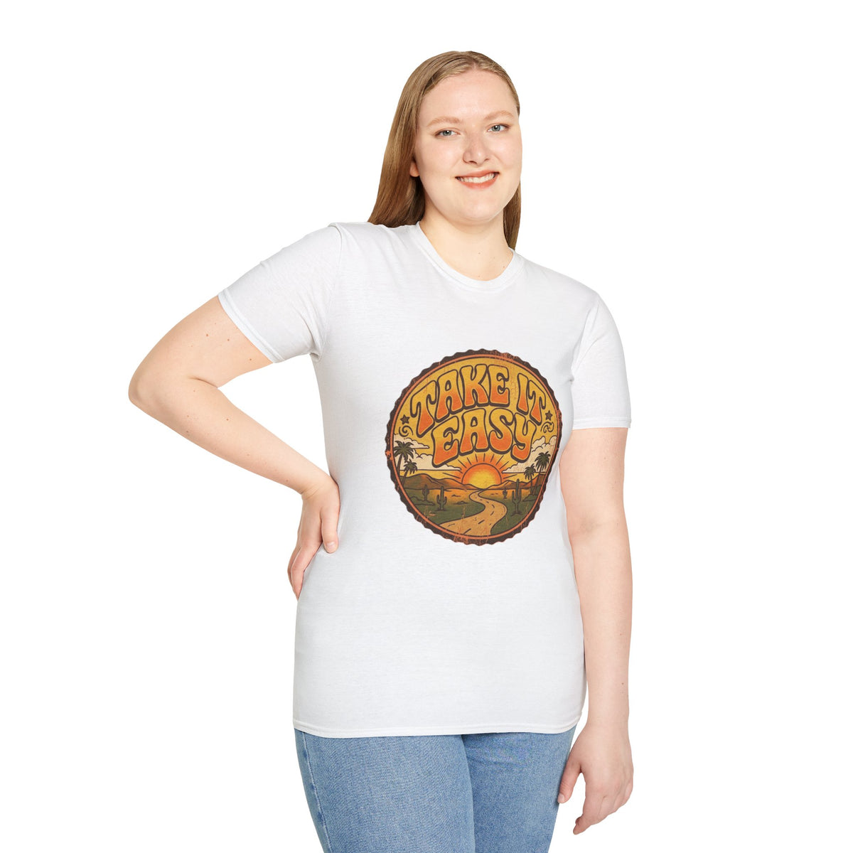 T-shirt Take It Easy sunset road | graphique rétro coucher de soleil et palmiers