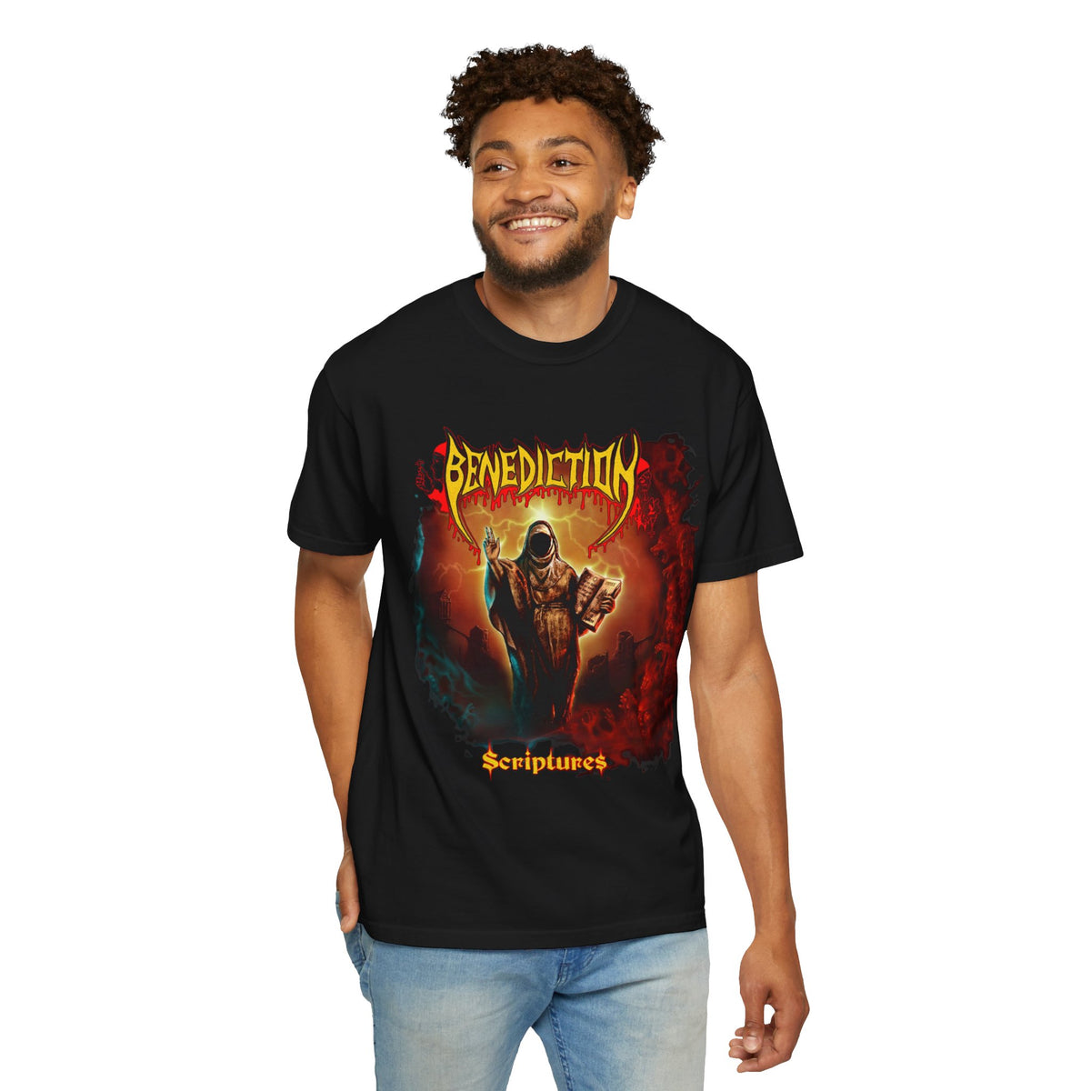 Illustration pour pochette d'album du groupe Benediction Scriptures | T-shirt au design death metal