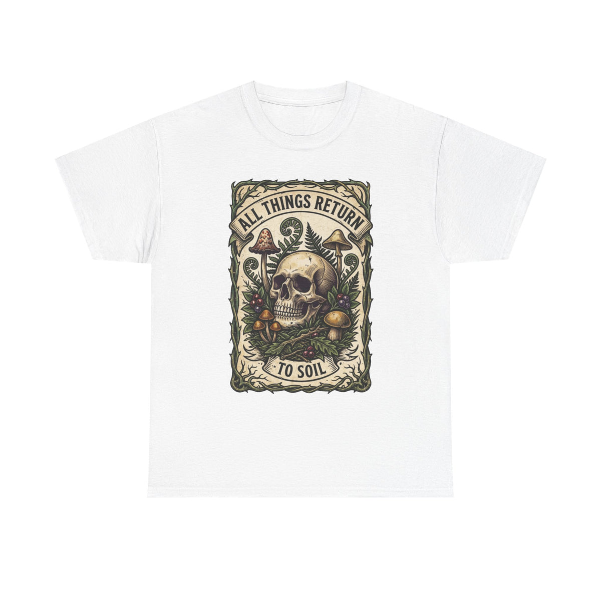 T-shirt tête de mort « All Things Return to Soil » | Motif champignons et botanique