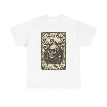T-shirt tête de mort « All Things Return to Soil » | Motif champignons et botanique