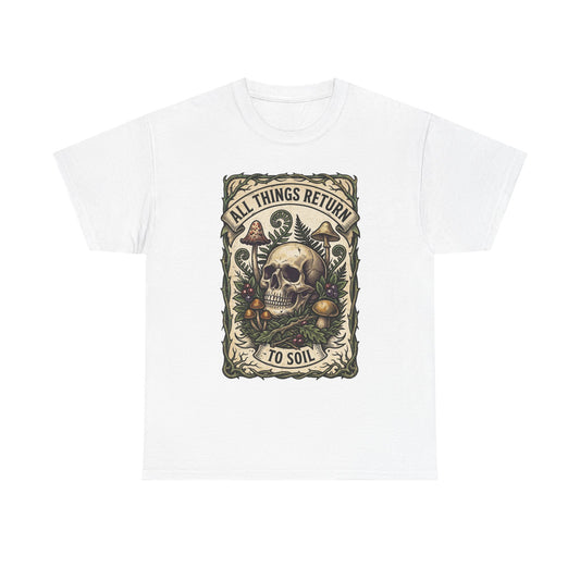 Camiseta con calavera "All Things Return to Soil" | Diseño de setas y botánica