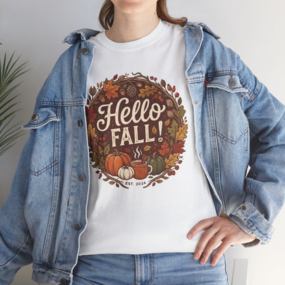 Hello Fall wreath Tee | Autumn pumpkins, leaves, cozy fall design