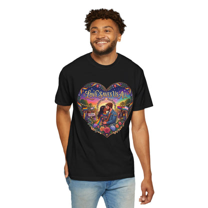 Love Saves Us All heart illustration LGBTQ T-shirt | Romantic couple, colorful sunset graphic scene tee