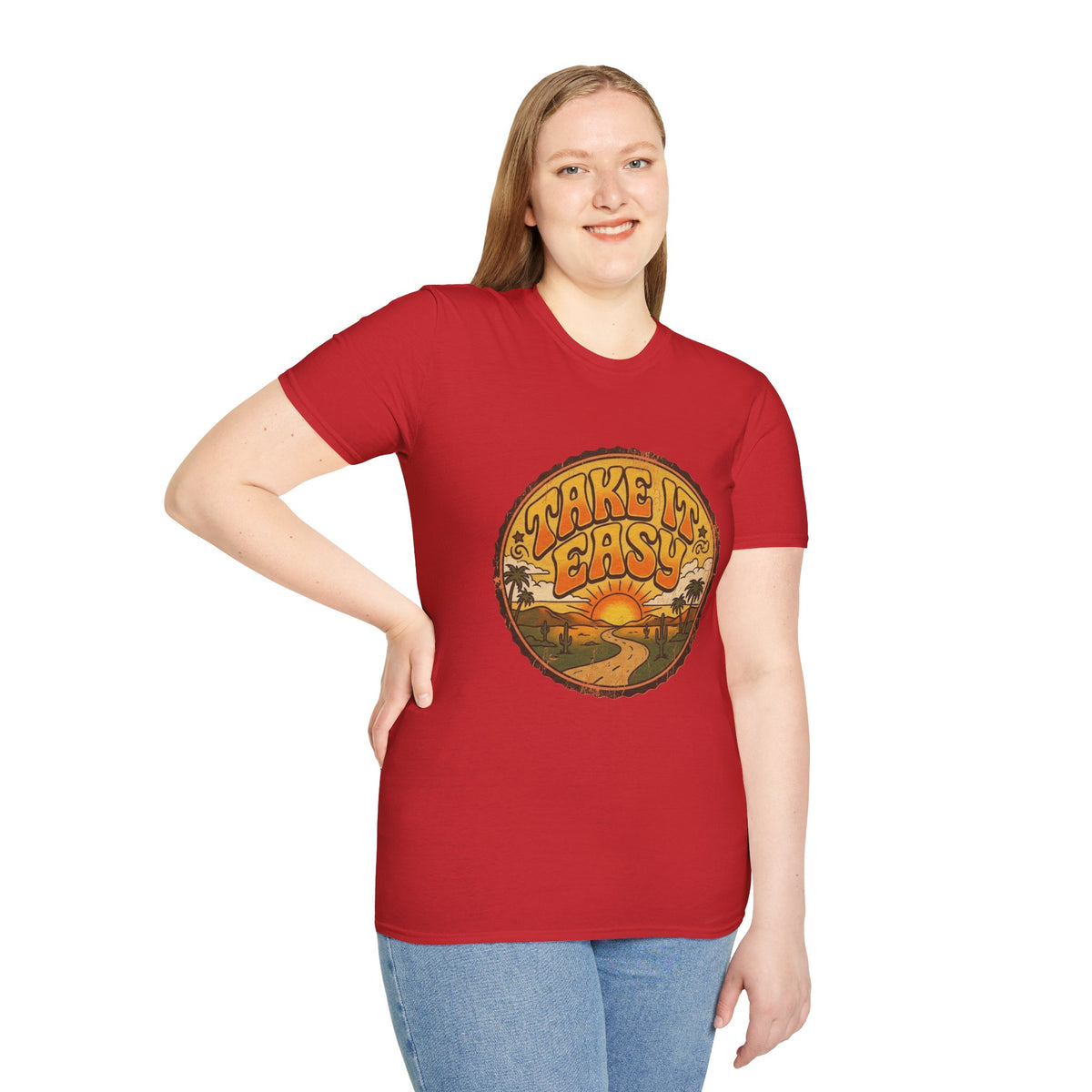 T-shirt Take It Easy sunset road | graphique rétro coucher de soleil et palmiers