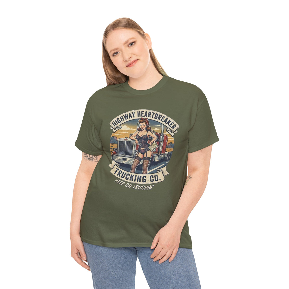 Highway Heartbreaker Trucking Co pinup girl T-Shirt | Trucker Rig Vintage Badge