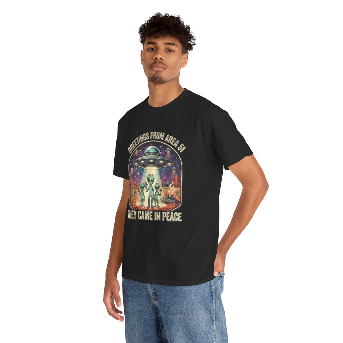 Greetings From Area 51 They Came In Peace Tee | Alien UFO Desert Scene