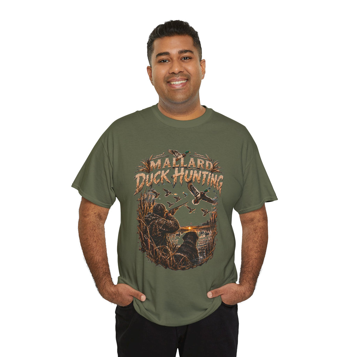 Camiseta de caza de pato azulón | Escena vintage de aves acuáticas, silueta de pantano