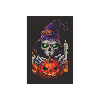Skull Wizard with Jack-O'-Lantern Garden Flag | Halloween Yard Banner