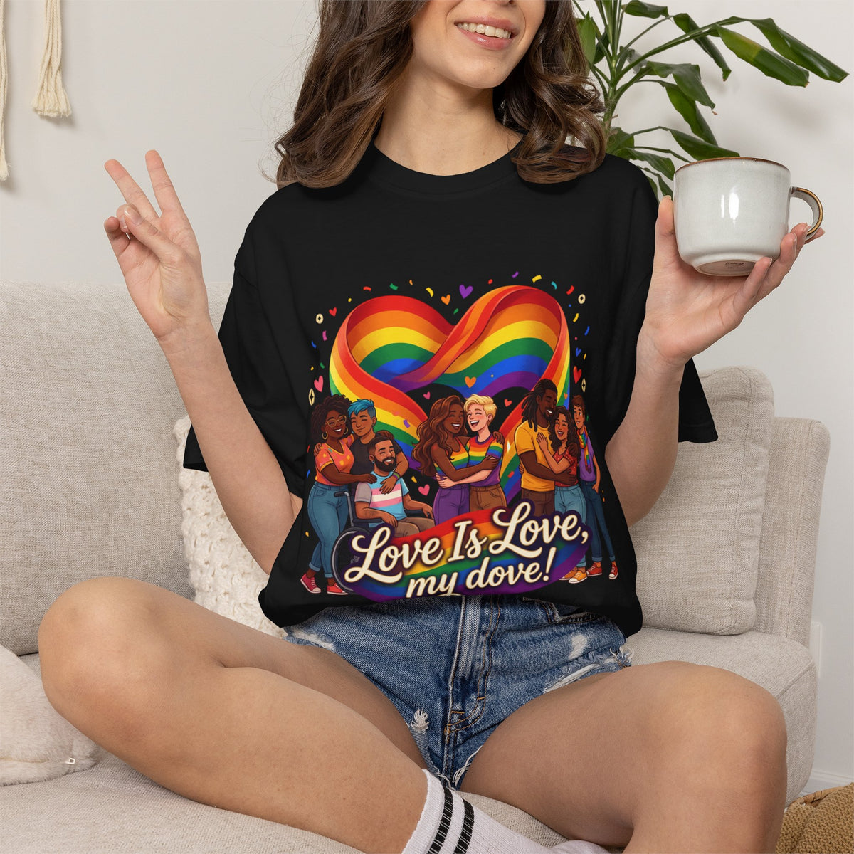 T-shirt LGBTQ cœur arc-en-ciel Love Is Love | T-shirt avec illustration de fierté LGBTQ pour couples diversifiés