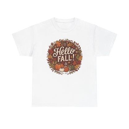 Hello Fall wreath Tee | Autumn pumpkins, leaves, cozy fall design