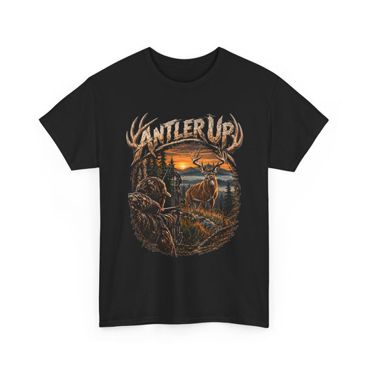 Antler Up Deer Sunset T-Shirt | Hunting Scene, Buck in Forest