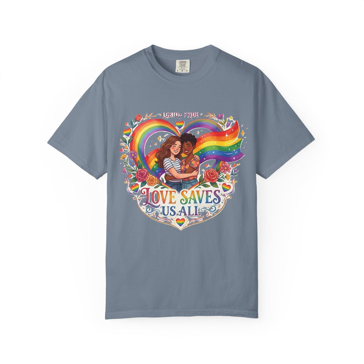 Love Saves Us All Rainbow heart LGBTQ Pride illustration T-Shirt | Pride queer couple design tee