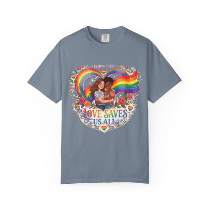 Love Saves Us All Rainbow heart LGBTQ Pride illustration T-Shirt | Pride queer couple design tee