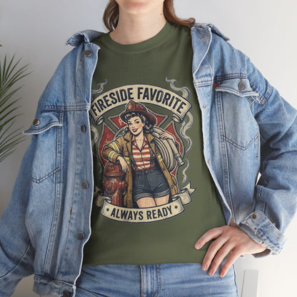 Fireside Favorite Pinup Firefighter Tee | Always Ready vintage badge