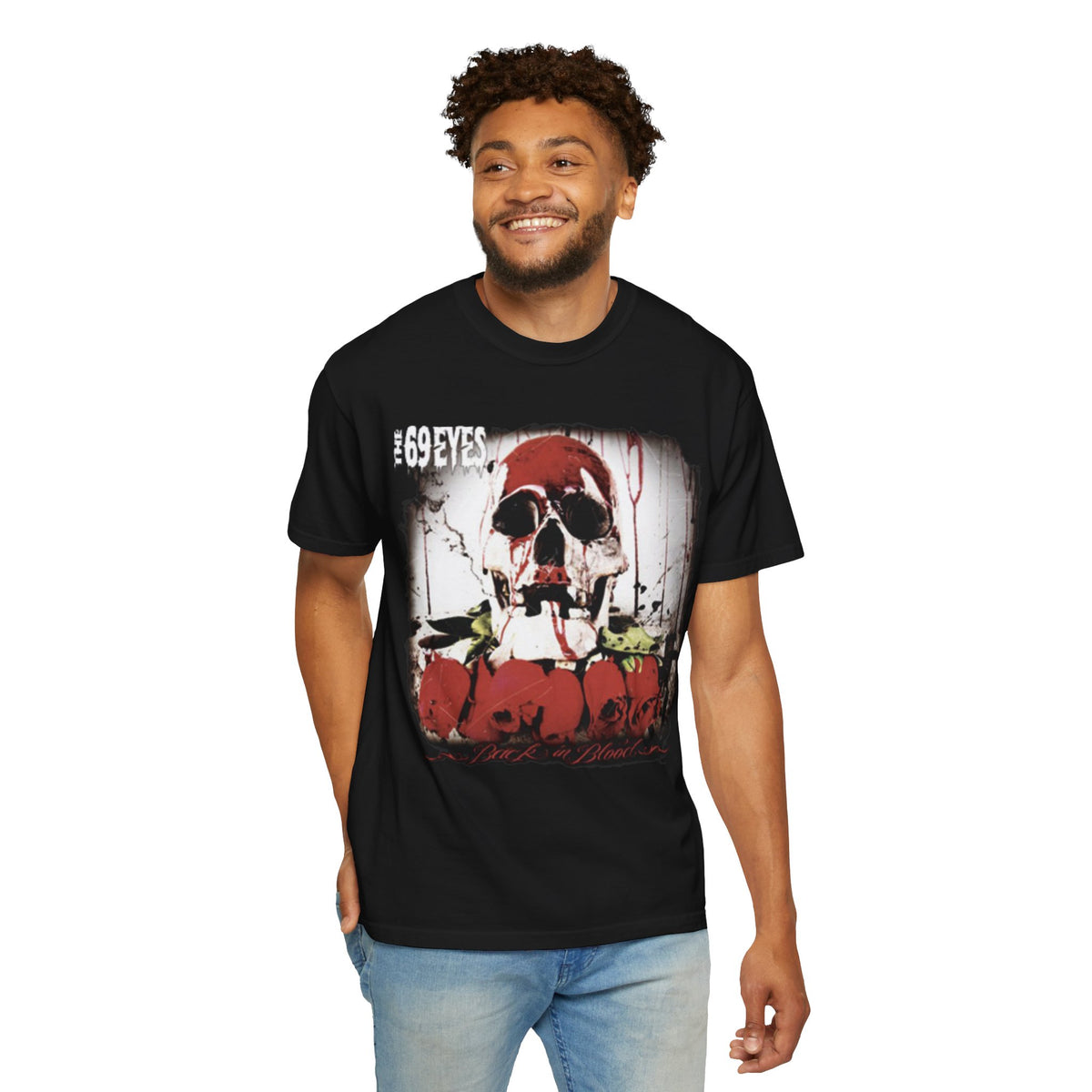 Camiseta The 69 Eyes Back In Blood con calavera y rosas | Camiseta gráfica de banda finlandesa de rock y metal gótico