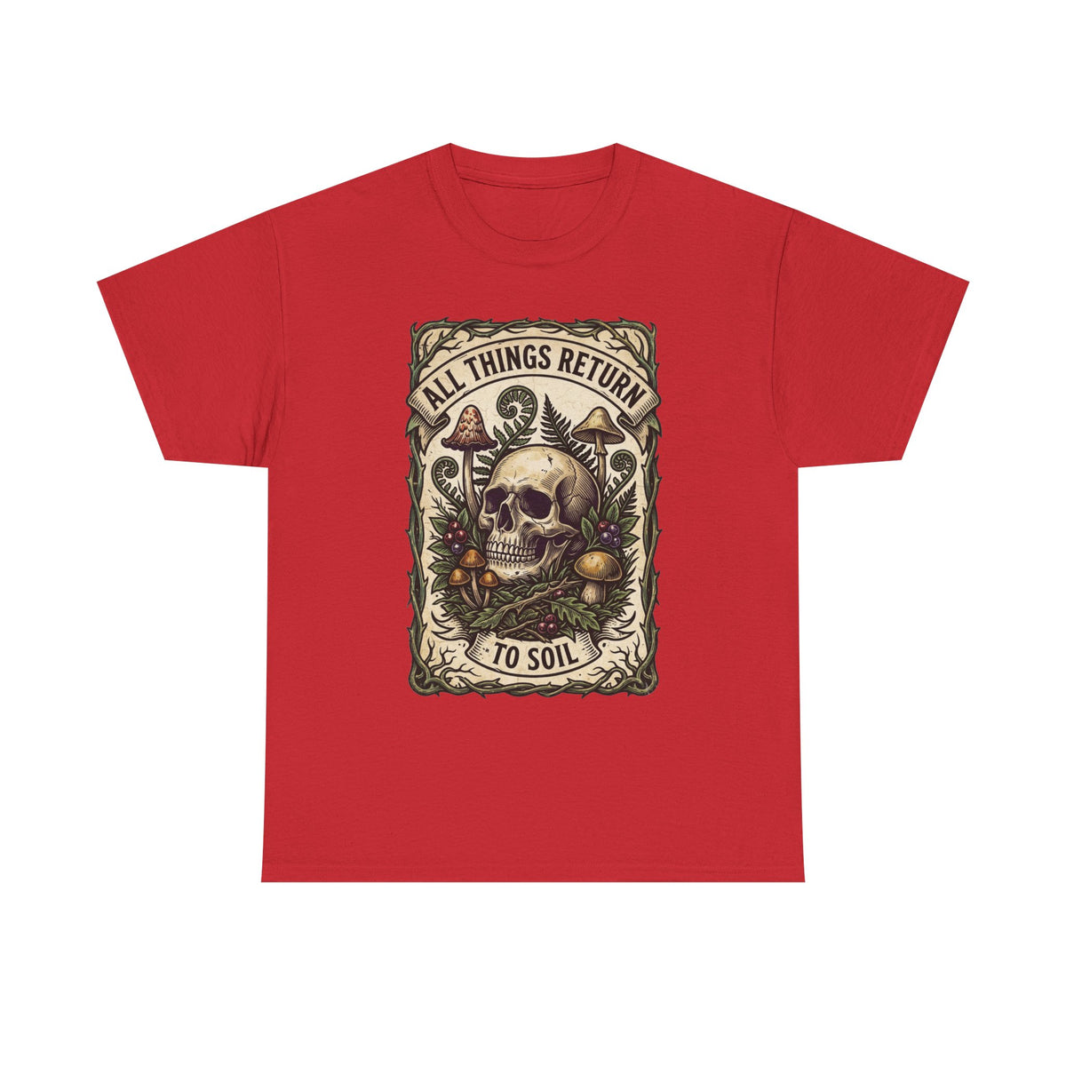T-shirt tête de mort « All Things Return to Soil » | Motif champignons et botanique