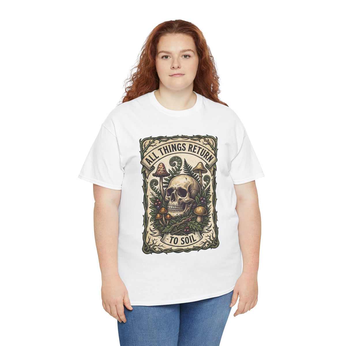 T-shirt tête de mort « All Things Return to Soil » | Motif champignons et botanique