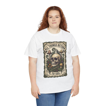 T-shirt tête de mort « All Things Return to Soil » | Motif champignons et botanique