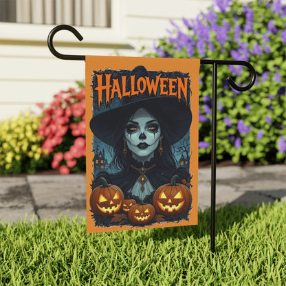 Spooky Witch with Jack-o'-Lanterns Garden Banner | Halloween Yard Flag