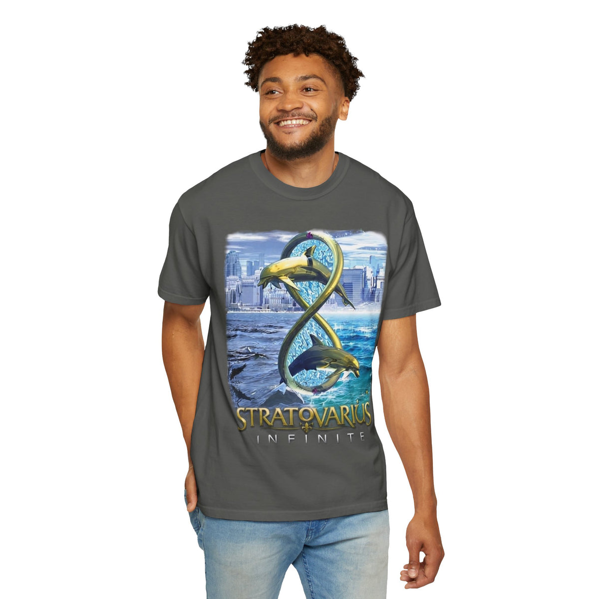 T-shirt Stratovarius Infinite avec logo dauphin | Illustration d'album de groupe de metal