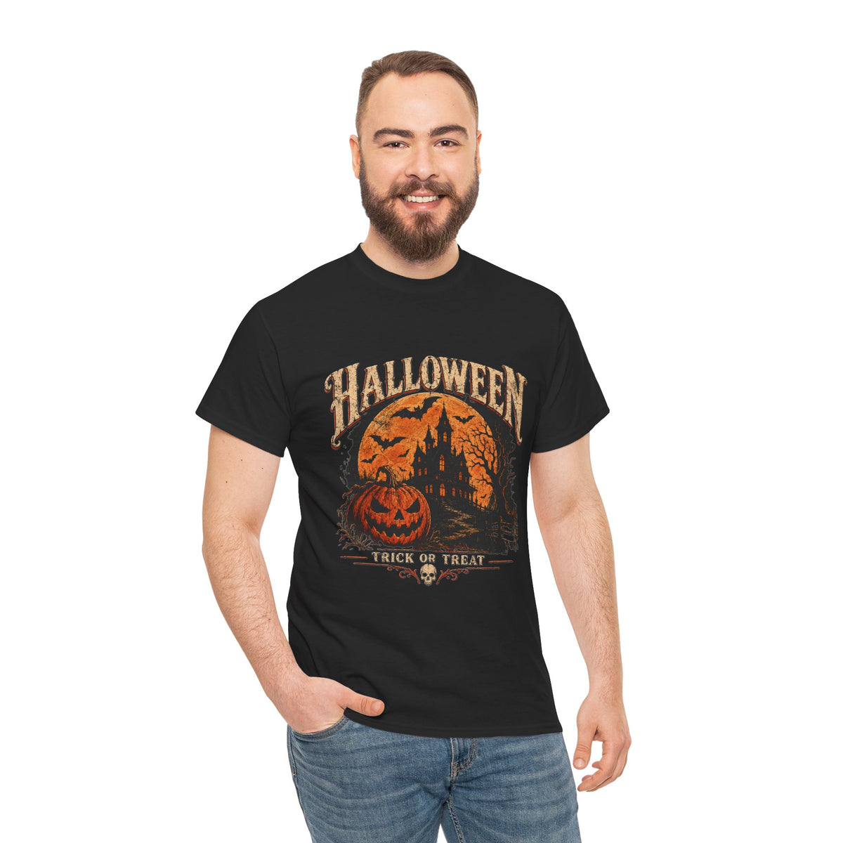 T-shirt vintage avec scène de citrouille d'Halloween | Graphisme rétro « Trick or Treat »