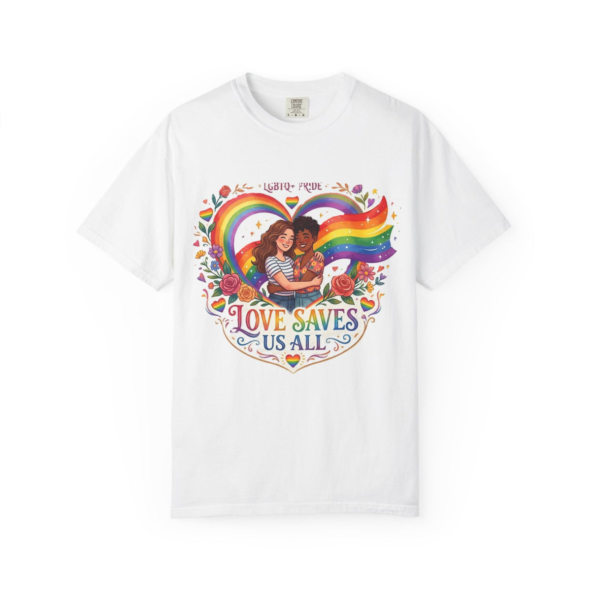 Love Saves Us All Rainbow heart LGBTQ Pride illustration T-Shirt | Pride queer couple design tee