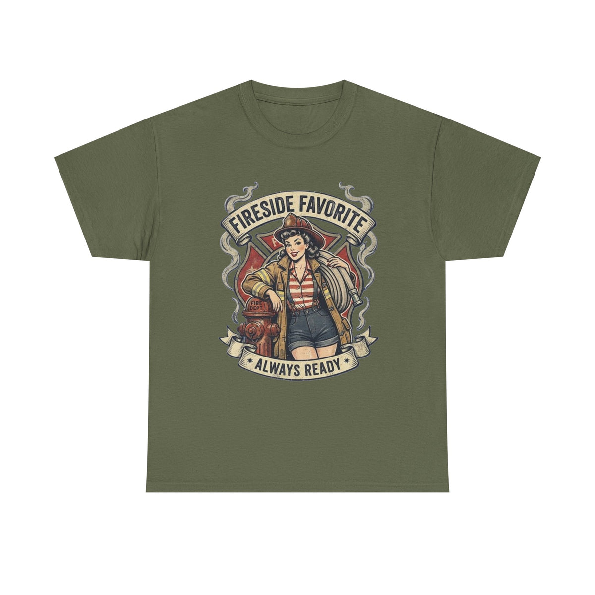Fireside Favorite Pinup Firefighter Tee | Always Ready vintage badge