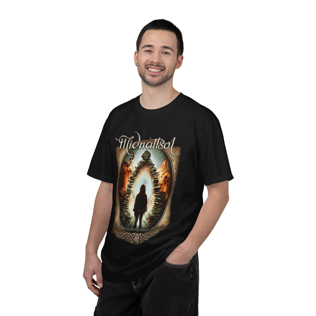 Camiseta con diseño de portal y silueta de la melodía de metamorfosis de Midnattsol | Camiseta con arte de banda de folk metal gótico
