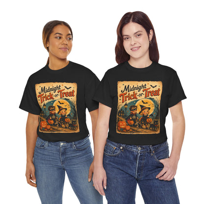 Camiseta de Halloween para niños "Midnight Trick-or-Treat" | Diseño vintage de gato y calabaza