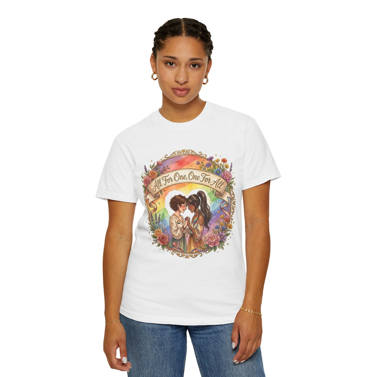 T-shirt Fierté LGBTQ « Tous pour un, un pour tous » | Illustration d'amour, motif de cœur floral