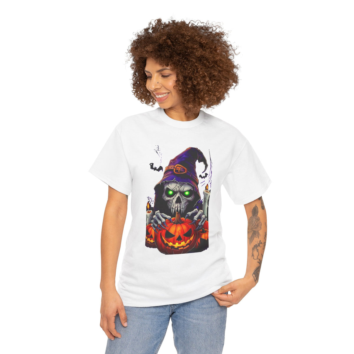 Grinning Skull Witch with Jack-O'-Lantern Tee | Halloween Skull Shirt