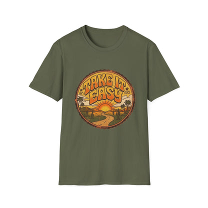 T-shirt Take It Easy sunset road | graphique rétro coucher de soleil et palmiers