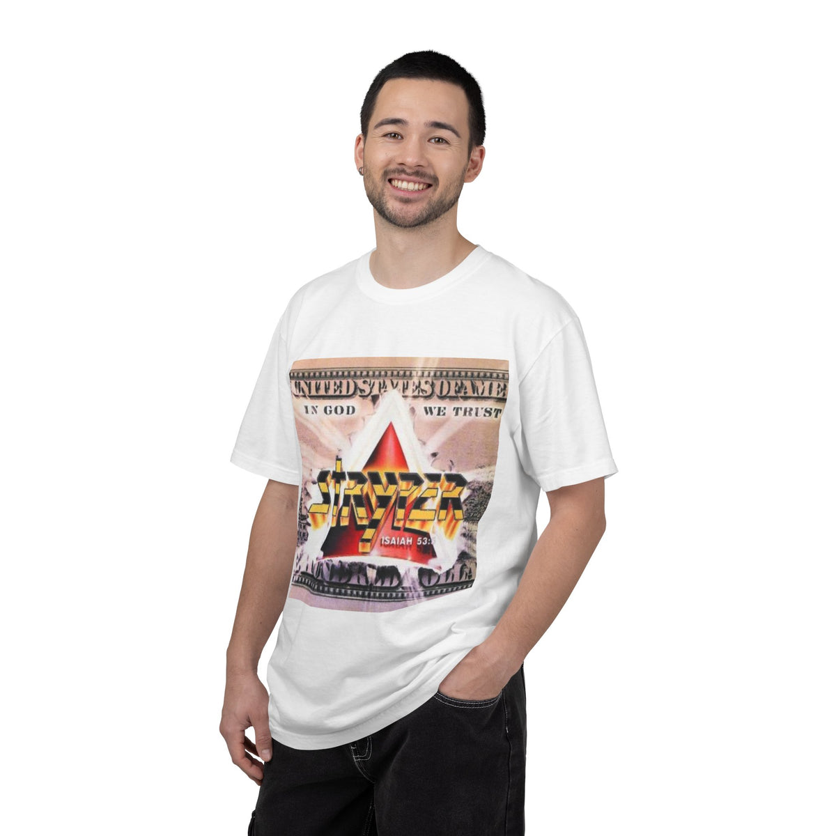 Stryper In God We Trust Album Artwork Graphic T-shirt | Retro Hard Rock Band Collage Tee