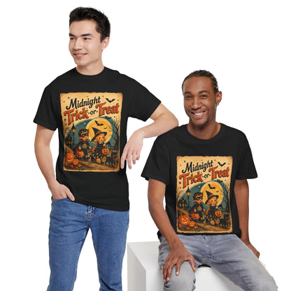 Camiseta de Halloween para niños "Midnight Trick-or-Treat" | Diseño vintage de gato y calabaza