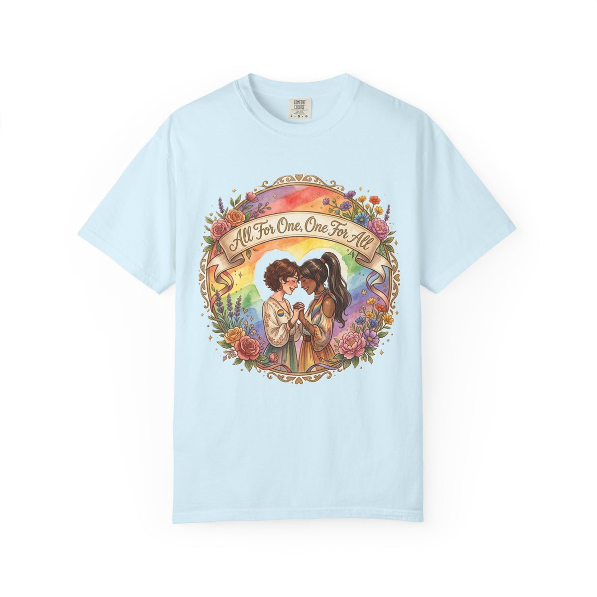 T-shirt Fierté LGBTQ « Tous pour un, un pour tous » | Illustration d'amour, motif de cœur floral