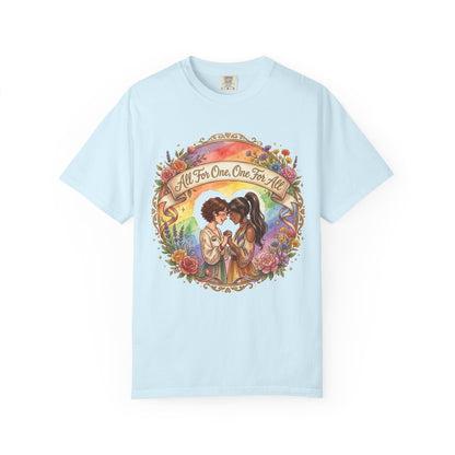 T-shirt Fierté LGBTQ « Tous pour un, un pour tous » | Illustration d'amour, motif de cœur floral