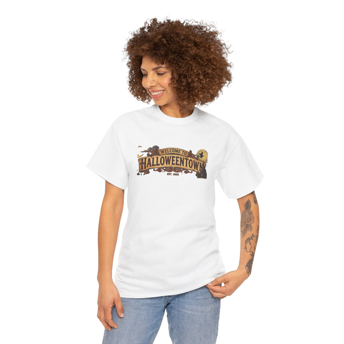 Halloweentown Illustration Double Sided T-Shirt | Spooky Village Nightscape