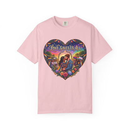 Love Saves Us All heart illustration LGBTQ T-shirt | Romantic couple, colorful sunset graphic scene tee