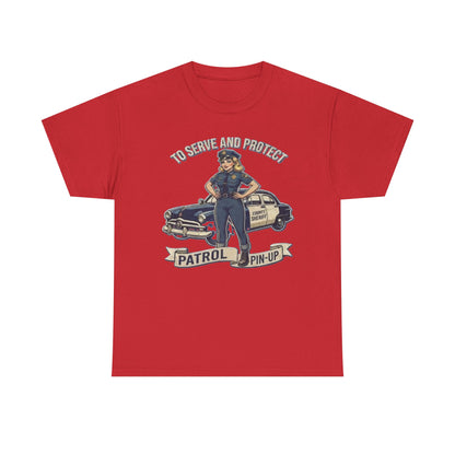 Patrol Pin-Up Policewoman T-Shirt | To Serve and Protect Vintage Car Design