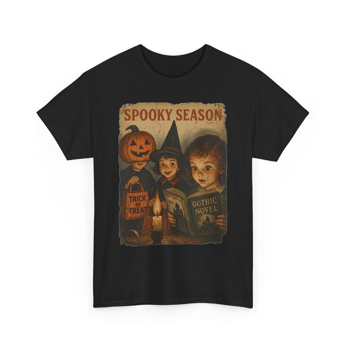 Camiseta gótica de novela de Halloween con bruja y calabaza de temporada espeluznante