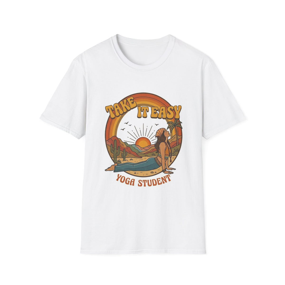 Take It Easy Yoga Student T-Shirt | Retro Sunset Surfing Pose