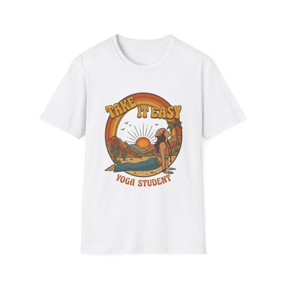 Take It Easy Yoga Student T-Shirt | Retro Sunset Surfing Pose