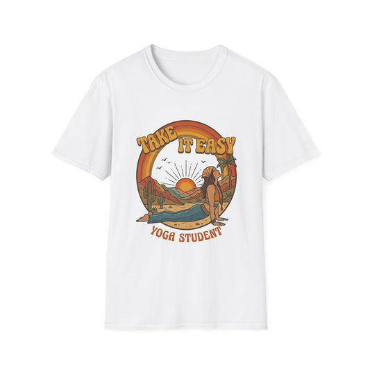 Take It Easy Yoga Student T-Shirt | Retro Sunset Surfing Pose
