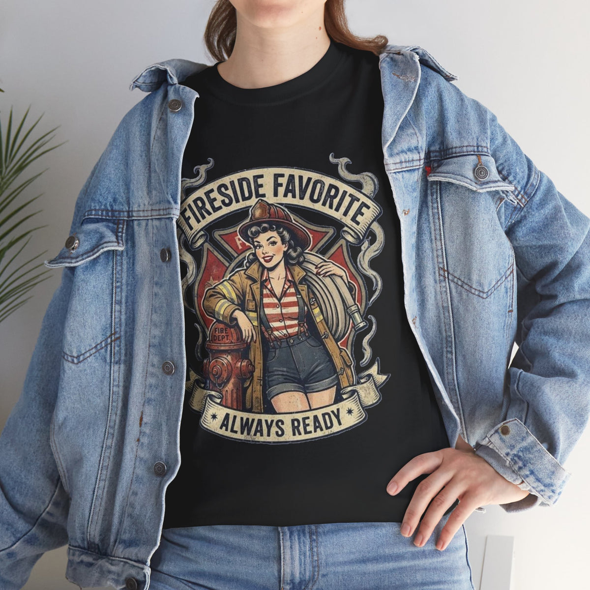 Fireside Favorite Pinup Firefighter Tee | Always Ready vintage badge