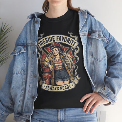 Fireside Favorite Pinup Firefighter Tee | Always Ready vintage badge