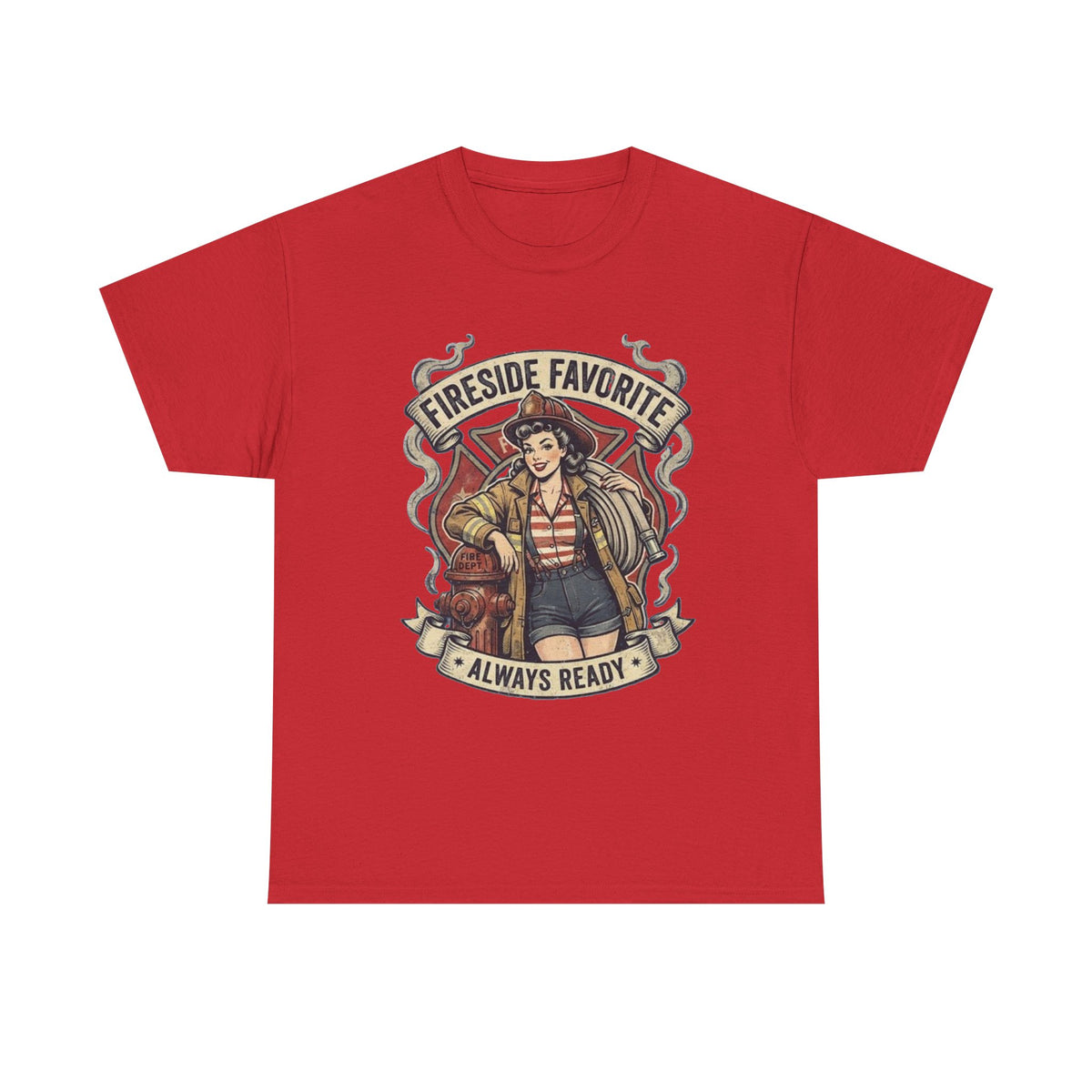 Fireside Favorite Pinup Firefighter Tee | Always Ready vintage badge