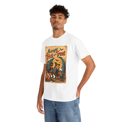 Camiseta de Halloween para niños "Midnight Trick-or-Treat" | Diseño vintage de gato y calabaza